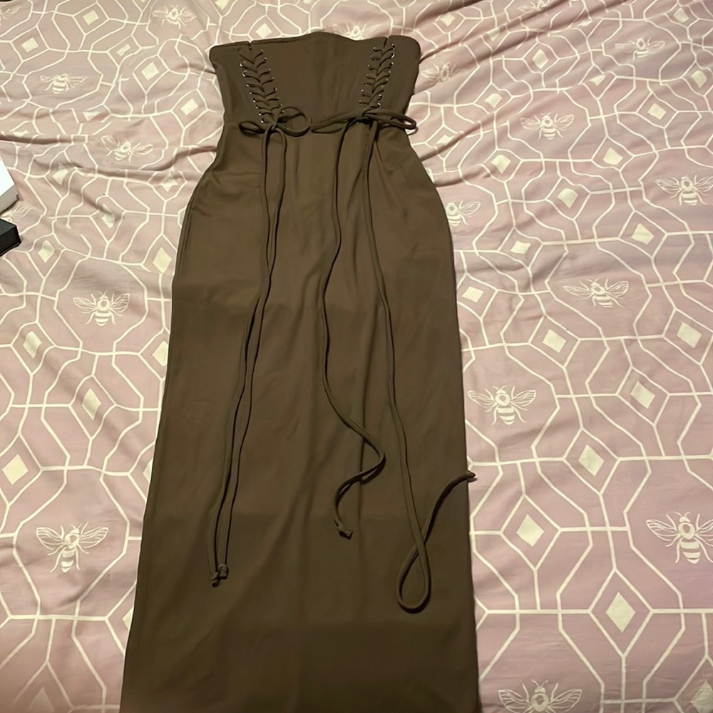 Brown strapless lace down tie detail midi dress